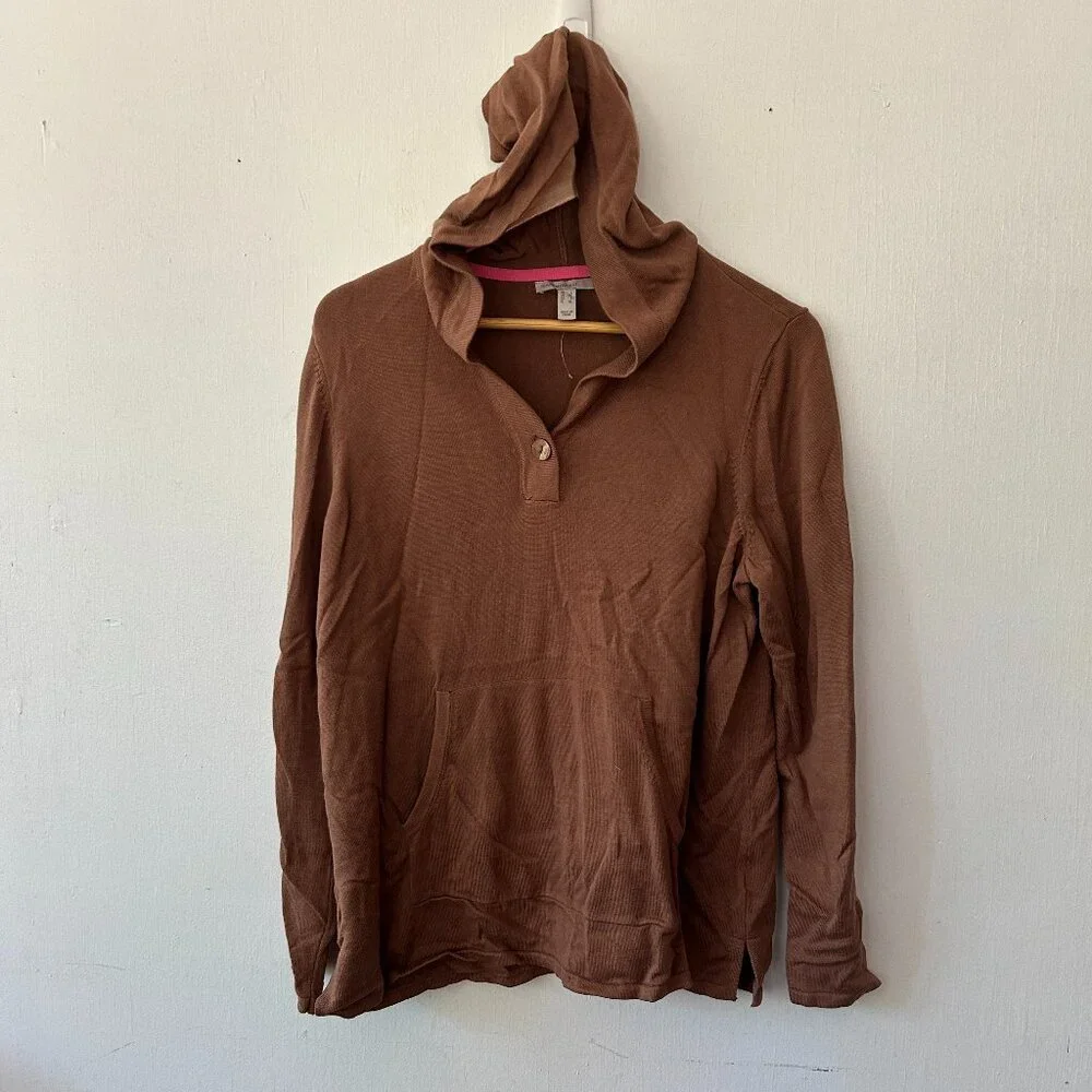 Isaac Mizrahi Live Sweater Large Brown Hooded Knit Pullover Pockets Goblincore